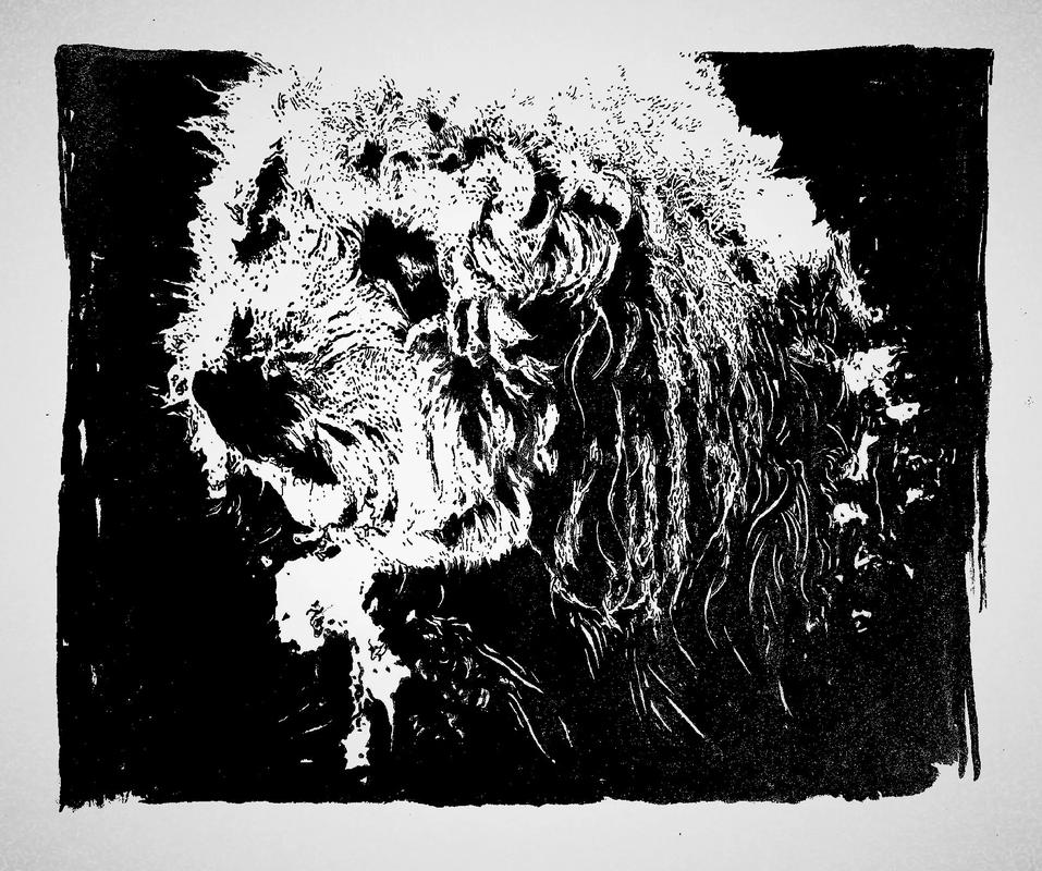 手工木刻版画制作_猫狗双全幸福生活_木刻画图片