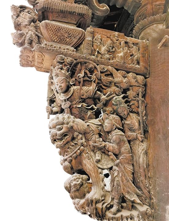 东阳木雕牛腿_世美堂琴枋金云山落款_东阳仿古木雕门楼