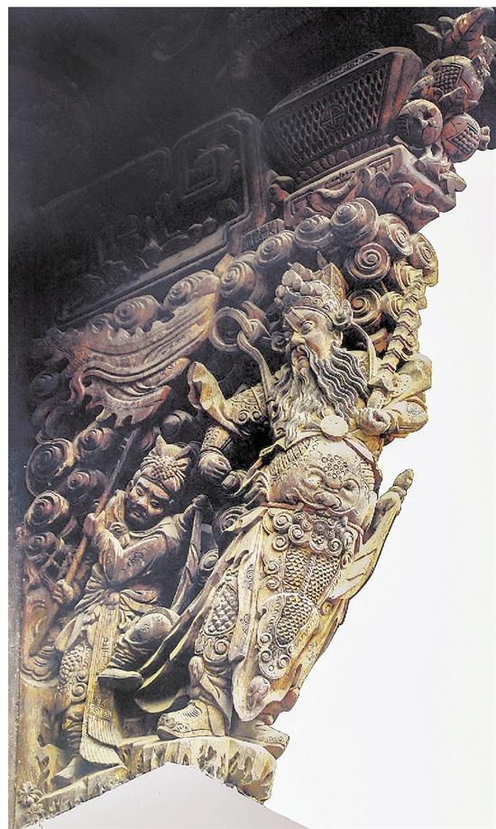 东阳仿古木雕门楼_世美堂琴枋金云山落款_东阳木雕牛腿