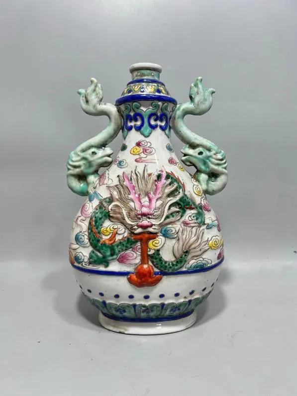 清粉彩浮雕龙纹花瓶_清朝瓷器艺术_浮雕花瓶图片大全